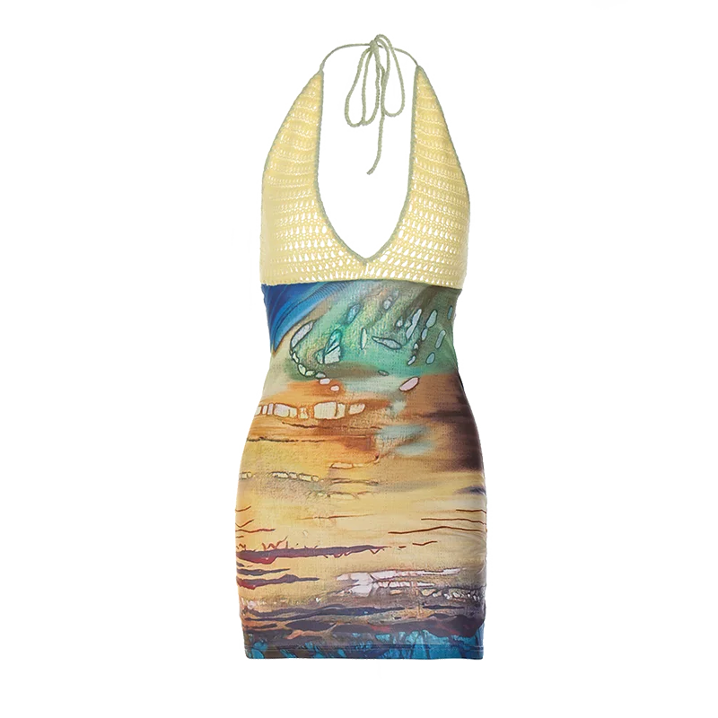 Halter Knitted Scenery Print Backless Lace Up Sexy Mini Dress Women Fashion Clothes