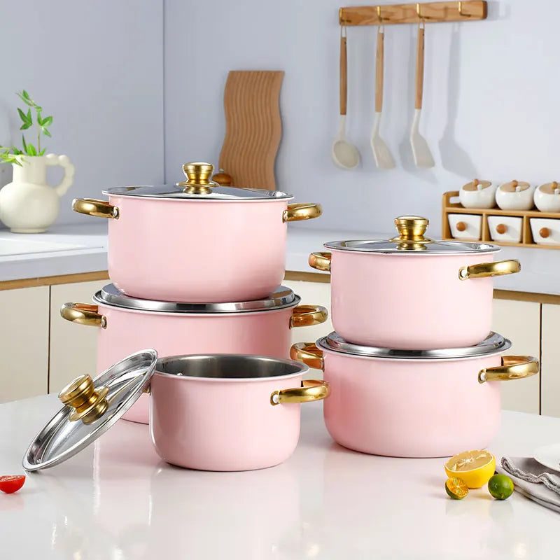 Stainless Steel Pink Pot Set, Gold Handle, Universal For Induction Cooker And Gas Stove, Suitable For Kitchen Cooking