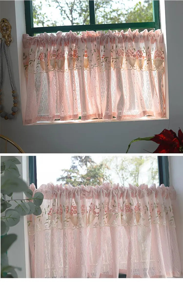 Pink Small Window Short Curtain Embroidery Floral Lace Half Window Curtains Sheer Tulle Home Decoration
