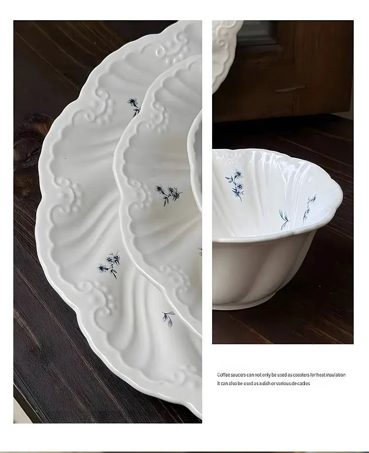 Ceramic Floral Bowl Dish Set Oval Plate New French Medieval High-end Cup Dish Set