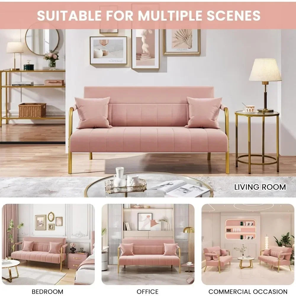 Modern Loveseat 2 Seater Sofa Luxurious Velvet Fabric Couch with Gold-Tone Metal Arms and Legs for Bedroom, Studio Pink 56.5" W