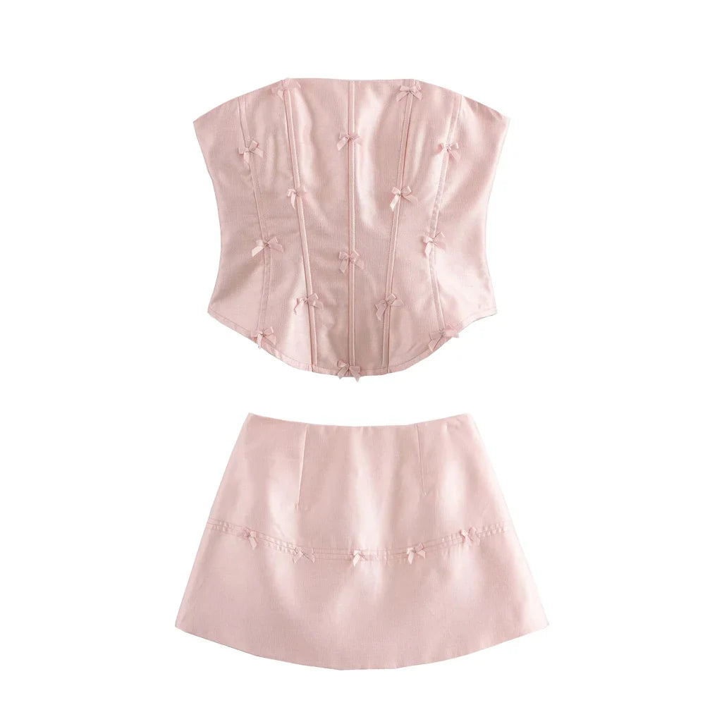 Ladies Bow Sleeveless Strapless Vest Top Women's Summer Sexy Pure Desire Set Hip Hugging Skirt Two-piece Set