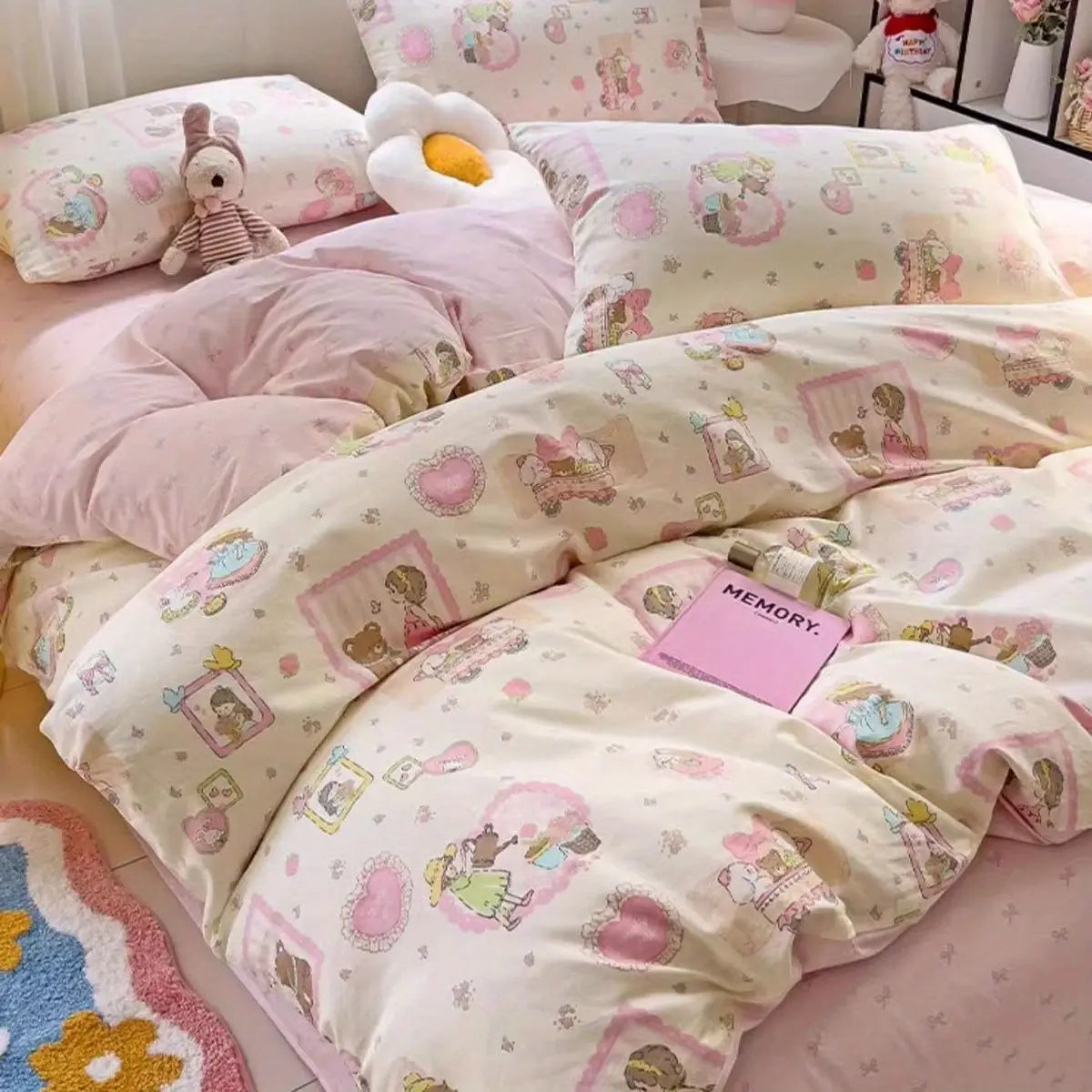 Cute Cartoon Bedding Set New No Filler Ins Soft Duvet Cover Flat Sheet Pillowcases Comforter Cover