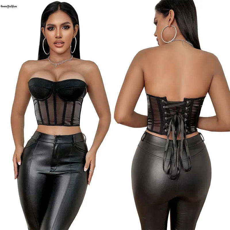 Summer Translucent Corset Women's Mesh Crop Top Black Padded Bra Bustier