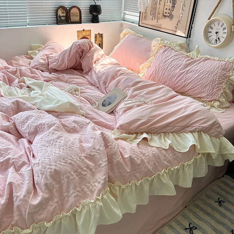Princess Style Lace Ruffles Bedding Set Skin-friendly Duvet Cover Set Fitted Sheet/Bed Sheet Pillowcases