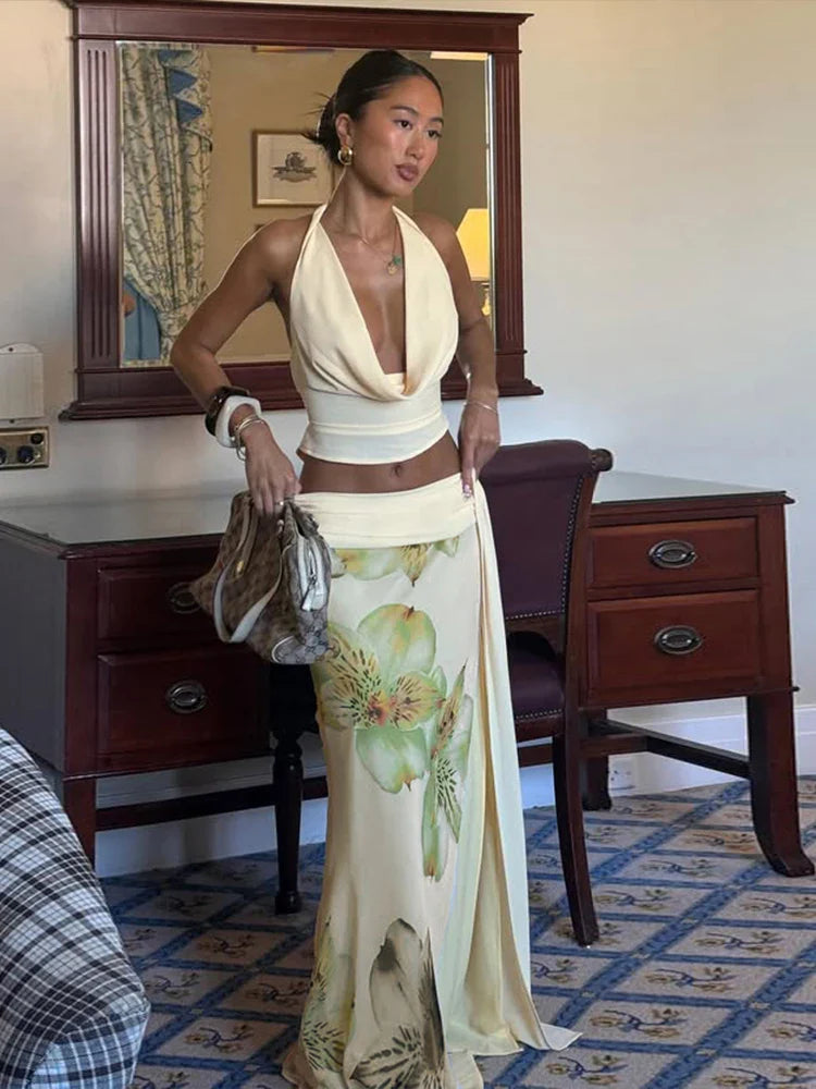 Women 3 Piece Set Stack Trend Halter Tops+Split Tassel Tassel+Flowers Mesh Skirts Matching Set