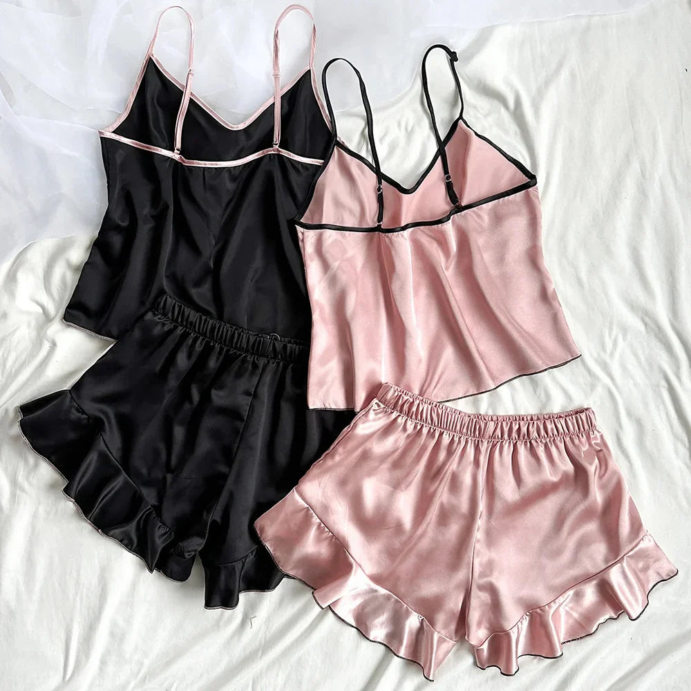 Women's Smooth Satin Pajamas V-Neck T-Shirt Ruffled Edges And Bow Shorts Simple And Breathable Pajama Set