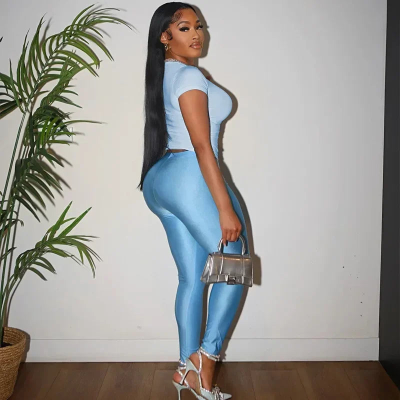 Casual Women 2 Piece Set Tracksuit Shorts Sleeve Crop Tops+Silky Leggings Matching