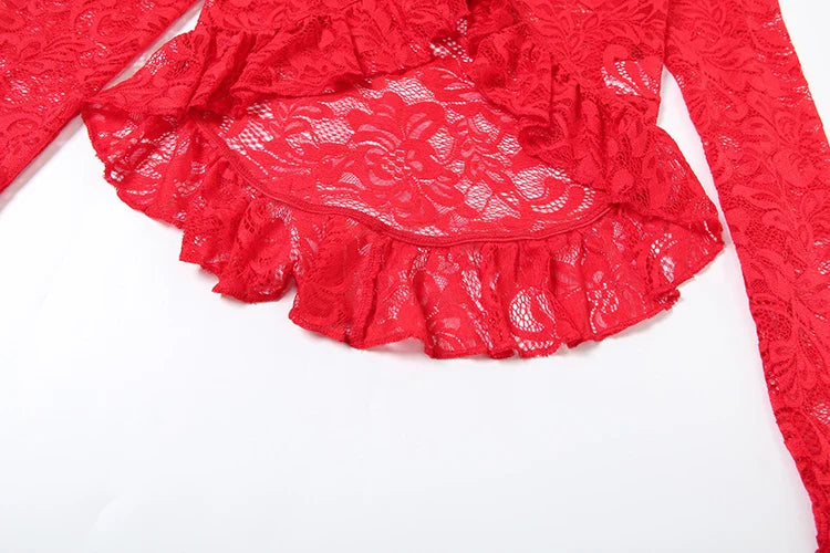 Jacquard Sexy Women 2 Piece Set Coquette Full Sleeve Ruffles Crop Tops+Bike Shorts Outfit