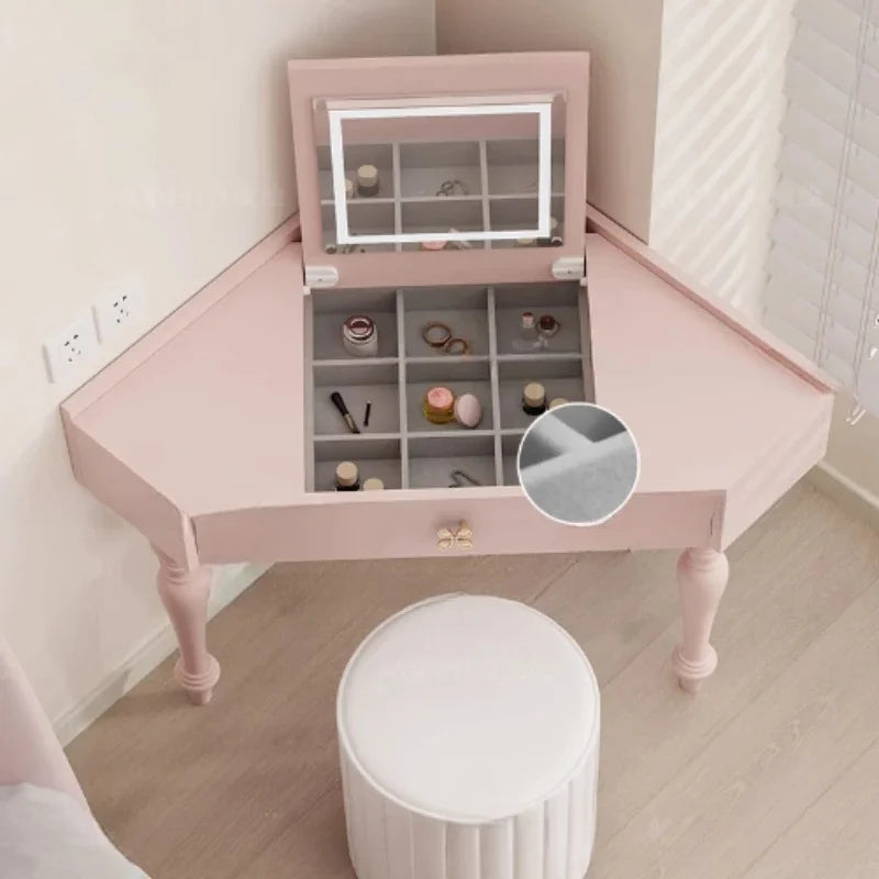 Small Pink Makeup Vanity Table with Mirror and Drawers for Bedroom Storage - Stylish Coiffeuse Furniture