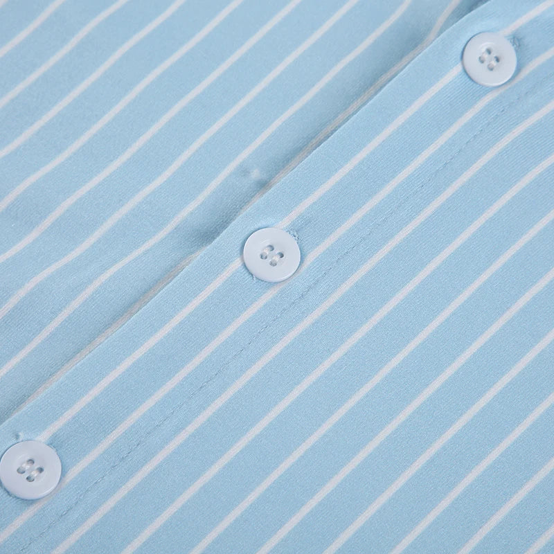 Stripe Short Sleeve Shirts For Women Button Up Turn Down Collar Slim Simple Casual Preppy Tops Basic Summer Tees