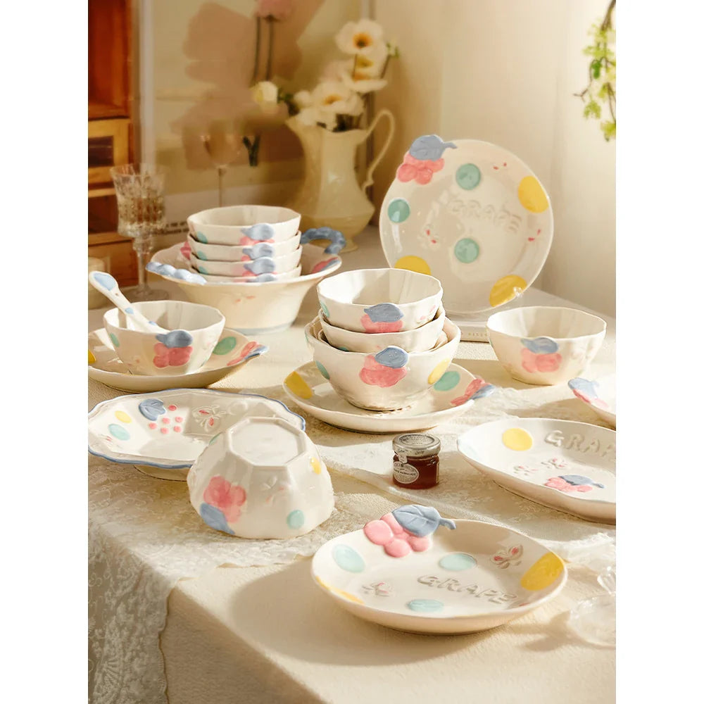Cute Pattern Ceramic Plates Print Round Deep Tableware