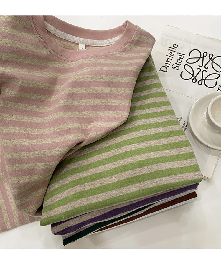 Summer Short Sleeve Striped T-Shirts Versatile Women Knitted Basic Casual Tops Female Cozy Loose Cotton Tees