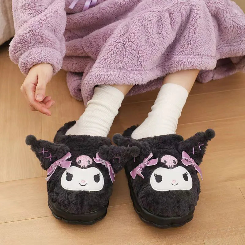 Kuromi Cotton Slippers For Women's Autumn And Winter Home Anti Slip Cute Student Cartoon Plush Cotton Shoes Thickened