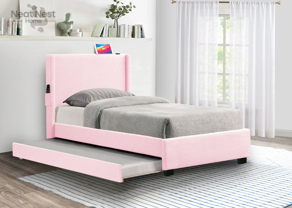 Pink Twin Size Bed Frame with Removable Trundle USB Functionality, Single Bed .Bedroom Furniture No Box Spring Required Bed Frame