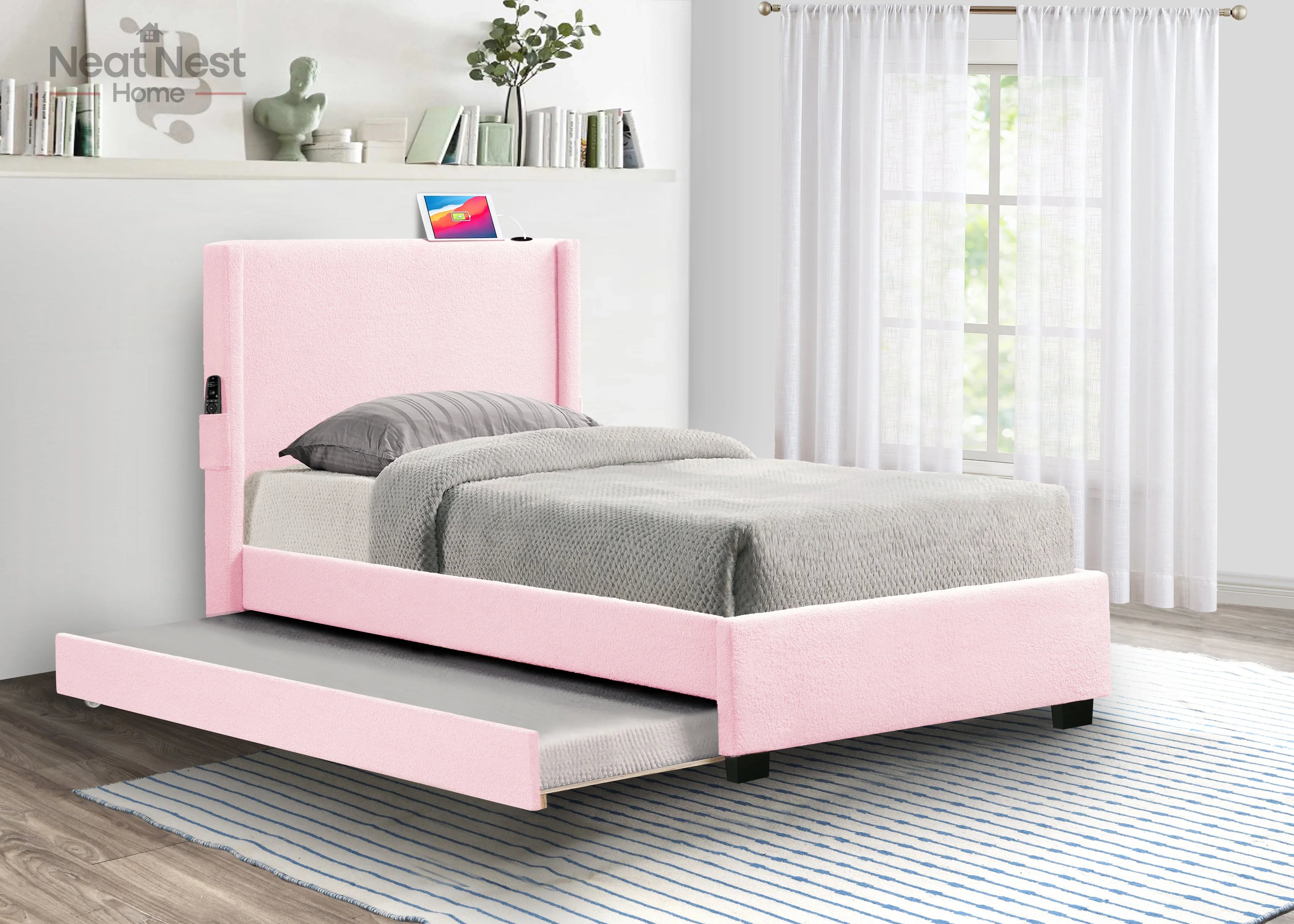 Pink Twin Size Bed Frame with Removable Trundle USB Functionality, Single Bed .Bedroom Furniture No Box Spring Required Bed Frame