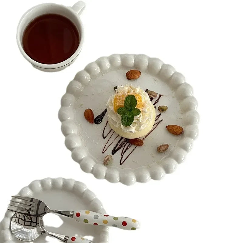 White/Yellow Beads Ceramic Plate Round Tableware Main Dish Decorative Plate Kitchen Utensils