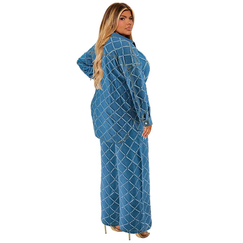 Plus Size Fashion Women Two Pieces Set Spring Long Sleeve Button Blouse Top Wide Leg Pants Oversized 2 Pieces Casual Clothes