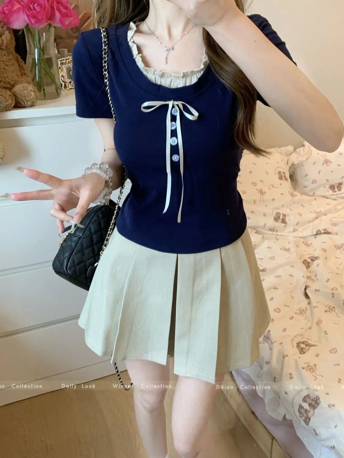 Sweet Style Fake Two-piece Bow Sweet Girl Top Short Sleeve T-shirt Slim Fit