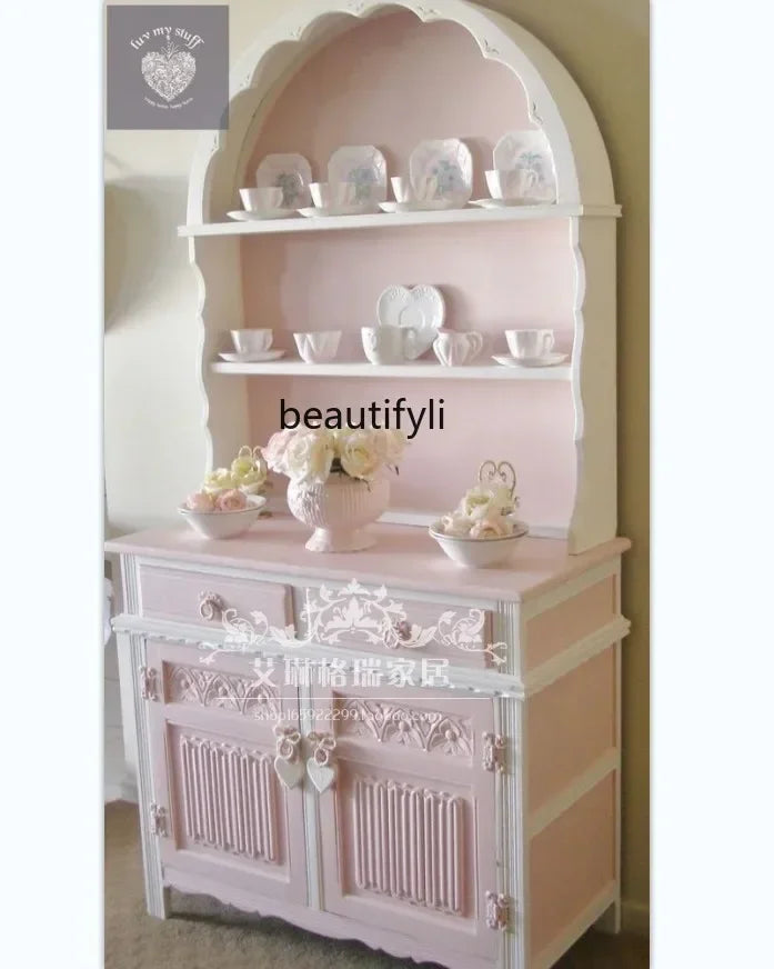 French Solid Wood Carving Flower Bookcase Dining Side Pink Princess Cabinet