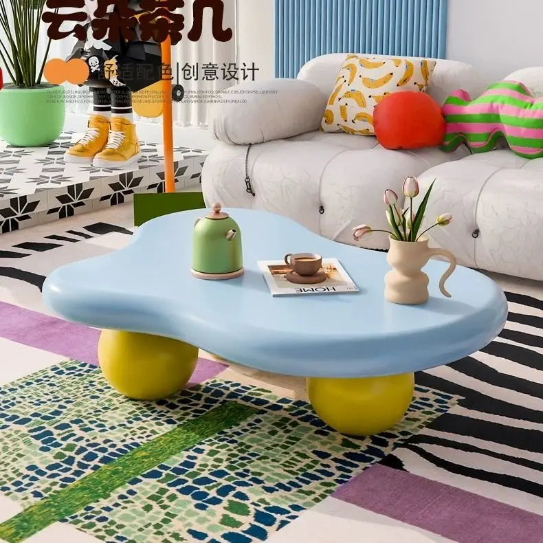 Pink Blue Dopamine Cloud Coffee Table - Modern Irregular Shape, Luxe Minimalist Side Table for Small Spaces