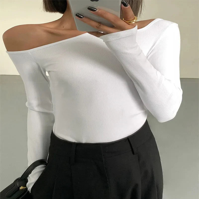 Skew Collar Off-shoulder Long-sleeved T-shirts Women Spring New Solid Slim Fit Crop Top Sexy Hollow Out Tees Shirts