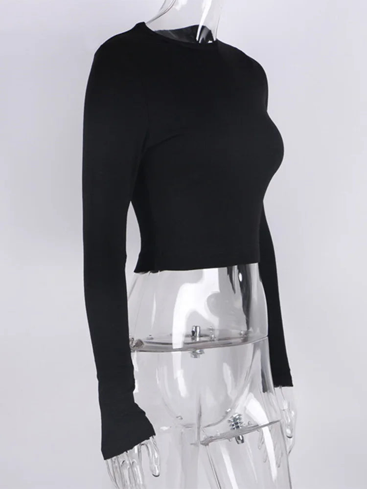 O Neck Long Sleeve Shirt Women Ribbed Sexy Cropped Tops Skinny Slim Basic