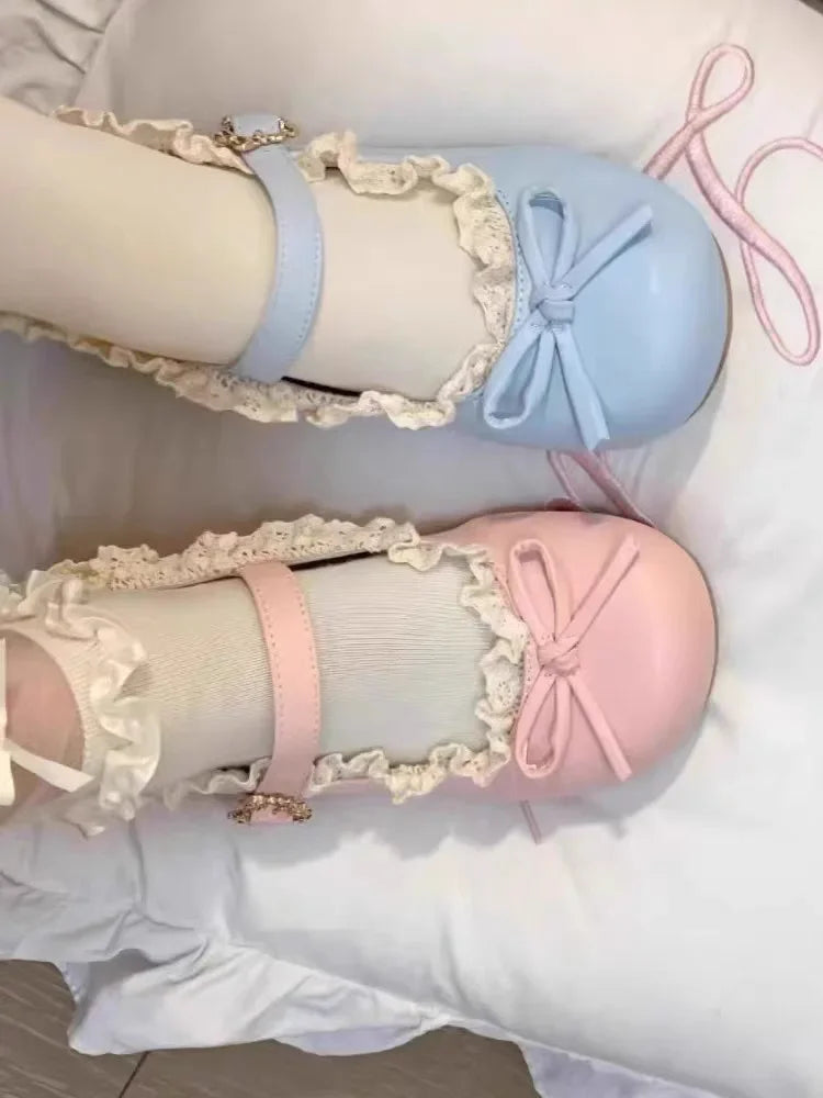 Original Lolita Flat Shoes with Butterfly Knot Soft Bottom Round Head Single Lined Women's High Heel