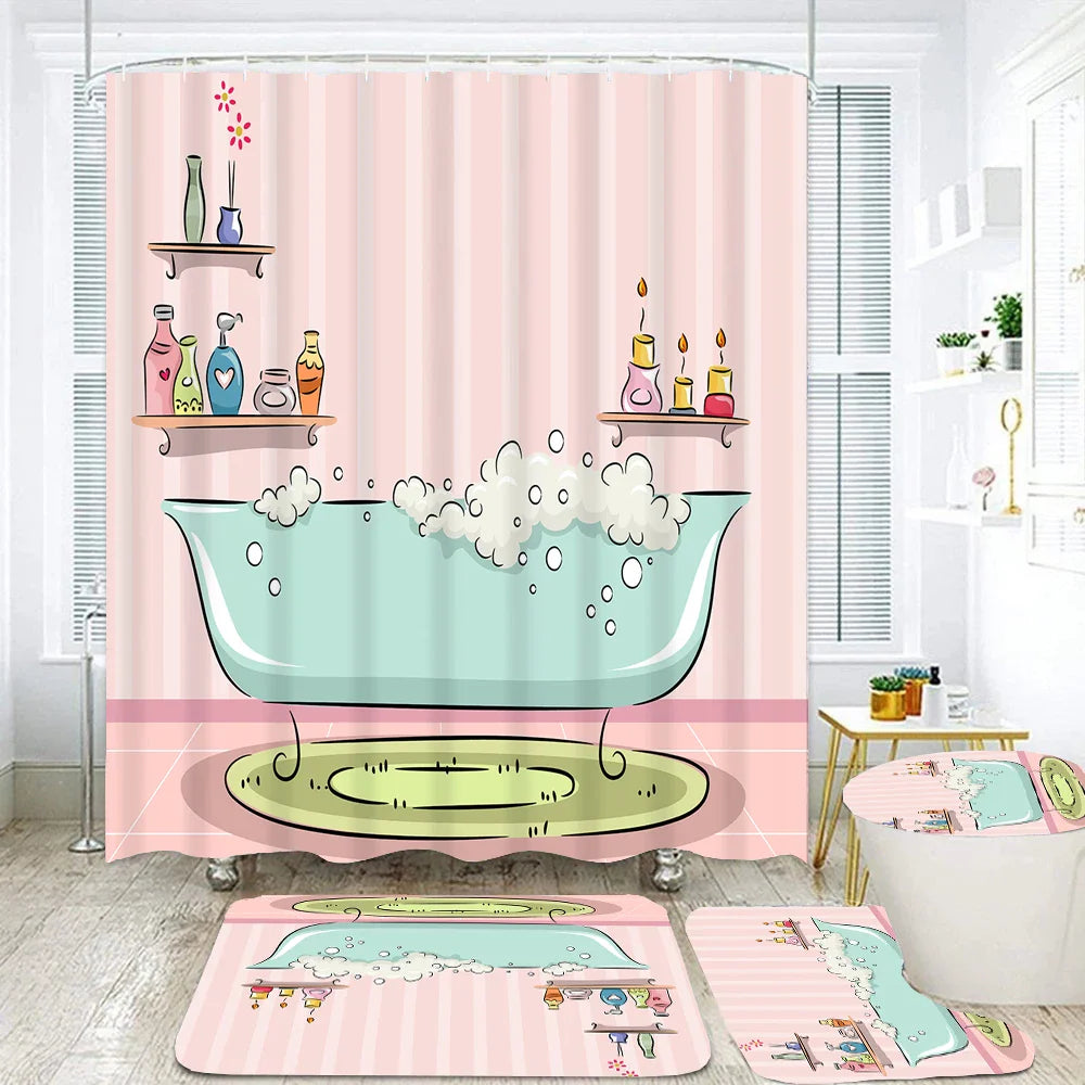 Pink Girl Print 3D Shower Curtain Romantic Polyester Bathroom Curtain Anti-slip Bath Mat Set Toilet Rugs Carpet Decor