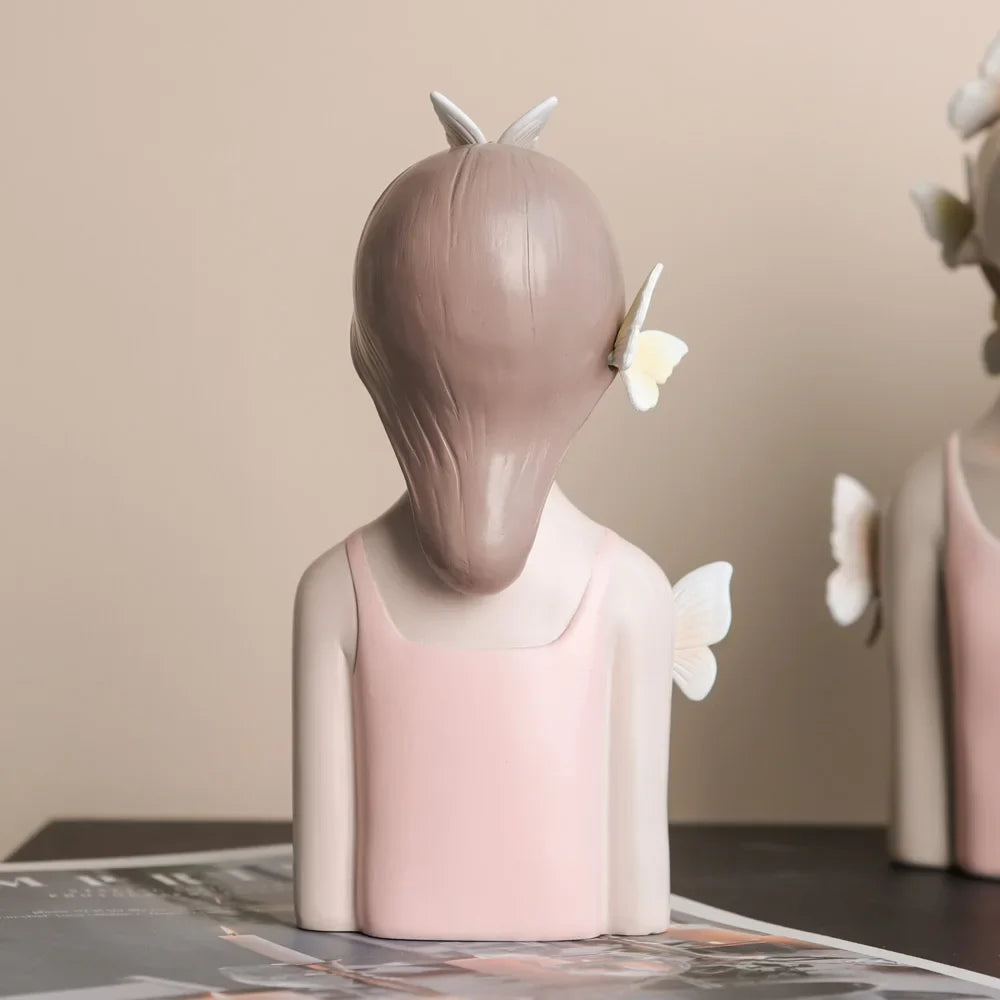 Pink Girl Butterfly Fairy Figurines, Resin Tabletop Statues, Creative Girl Bust With Butterflies, Home Decor Craft