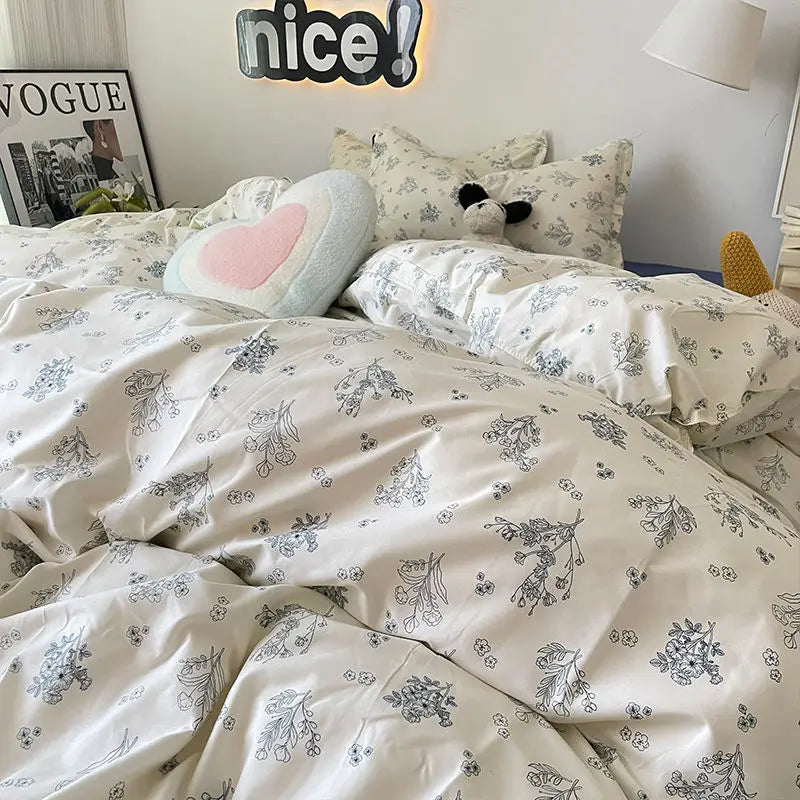 Romantic Cherry Heart Duvet Cover Set Flat Sheet Pillowcases Fashion New Twin Full Floral Bedding Set