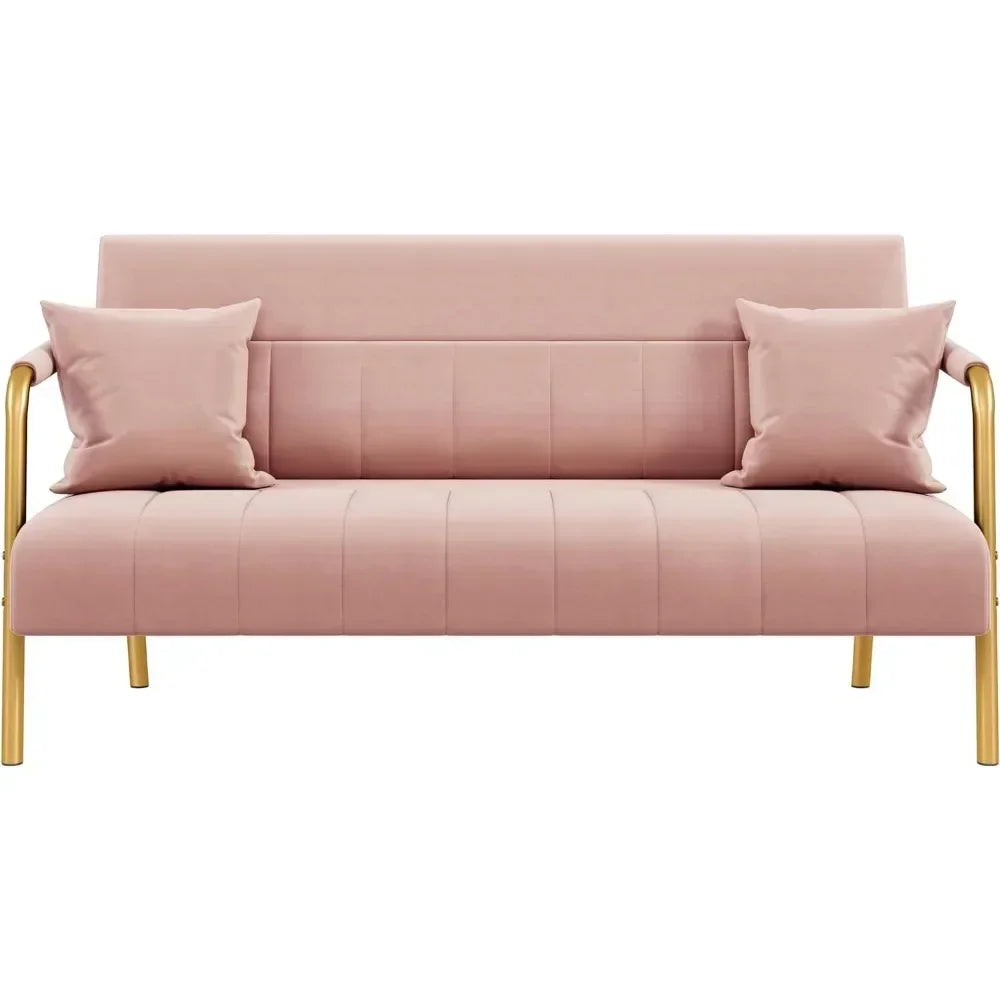 Modern Loveseat 2 Seater Sofa Luxurious Velvet Fabric Couch with Gold-Tone Metal Arms and Legs for Bedroom, Studio Pink 56.5" W