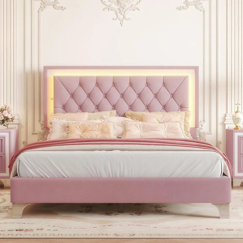 Three -Piece Upholstered Platform Bed Set with LED Lights and Nightstands Pink Velvet Foam-Filled Elegance & Ambiance Easy