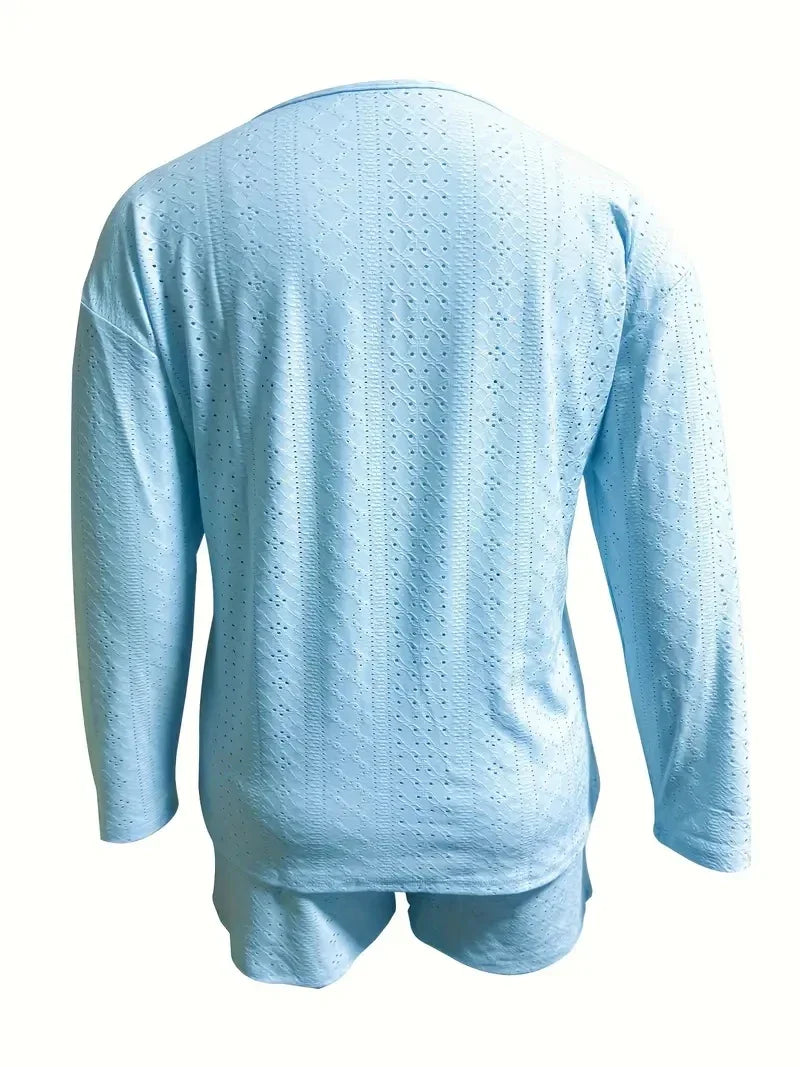 Plus Size Eyelet Casual Shorts Set, Crew Neck Long Sleeve Top & Shorts Outfits, Women's Plus Size Clothing