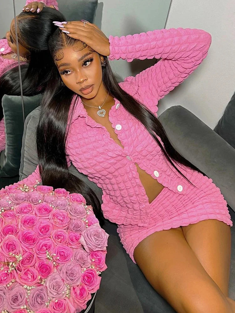 Cute 2 Two Piece Set Women Skirt Long Sleeve Button Top+Mini Skirt