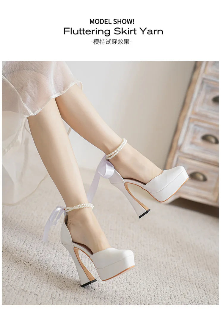 Fashion Super High Heels Sandals Bow Buckle Square Head Heels Ladies Shoes