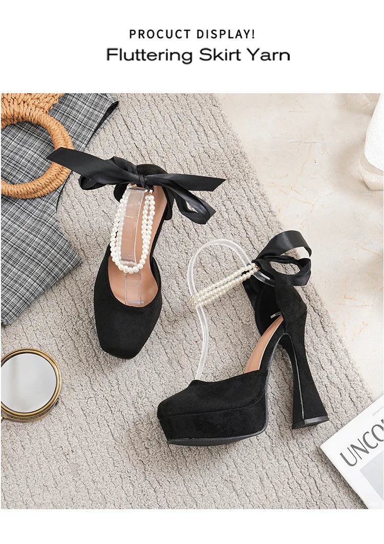 Fashion Super High Heels Sandals Bow Buckle Square Head Heels Ladies Shoes