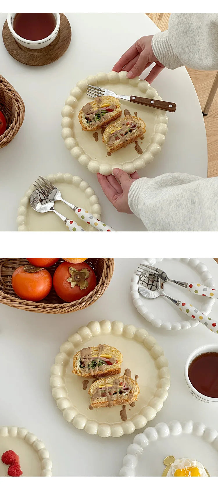 White/Yellow Beads Ceramic Plate Round Tableware Main Dish Decorative Plate Kitchen Utensils