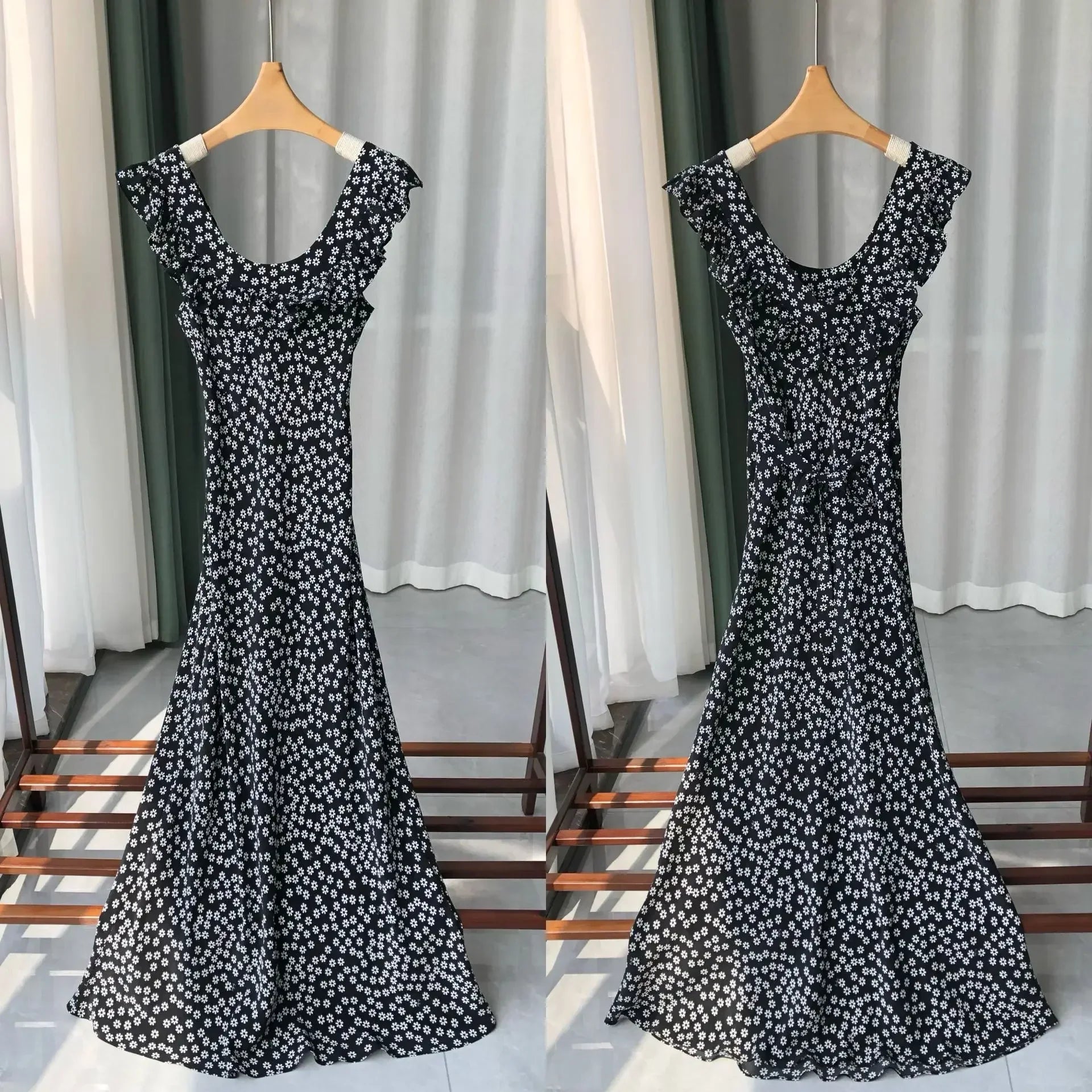 French Daisy Vintage Girl Silk Polka Dots U Neck V Back Sexy Summer Women Long Dress