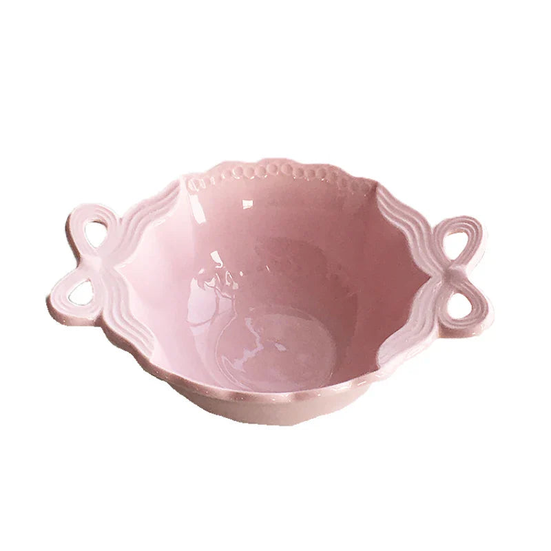 Porcelain Bowl Cute Hollow Out Bow Relief Solid Color Ceramic Dinnerware