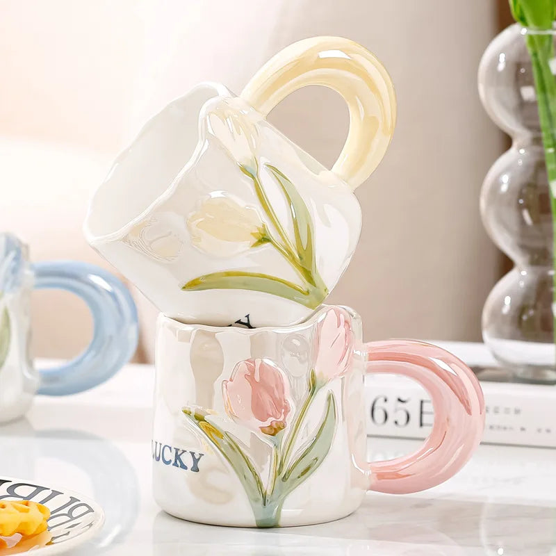 Creative Tulip Ceramic Cup with Handle Spoon Mugs