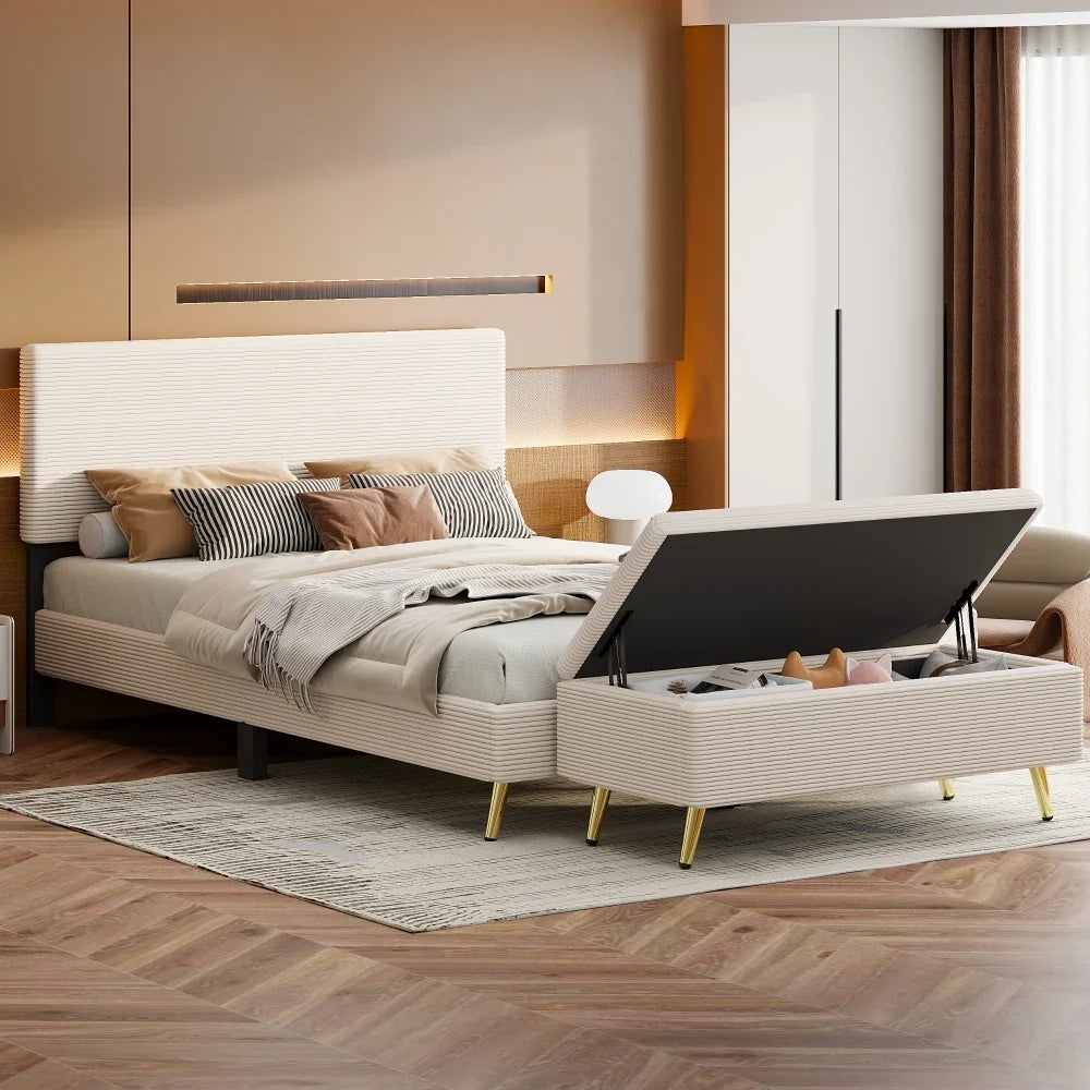 Pink 2 Pieces Bedroom Sets Queen Size Upholstered Bed Frame, Modern Corduroy Storage Ottoman