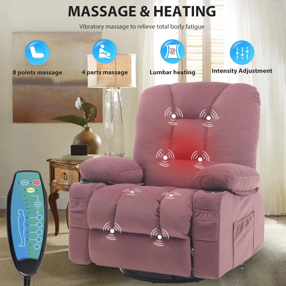 Recliner Chairs for Adults, Rocker Recliners with Massage and Heat, Overstuffed Fabric Swivel Glider with Cup Holder Side