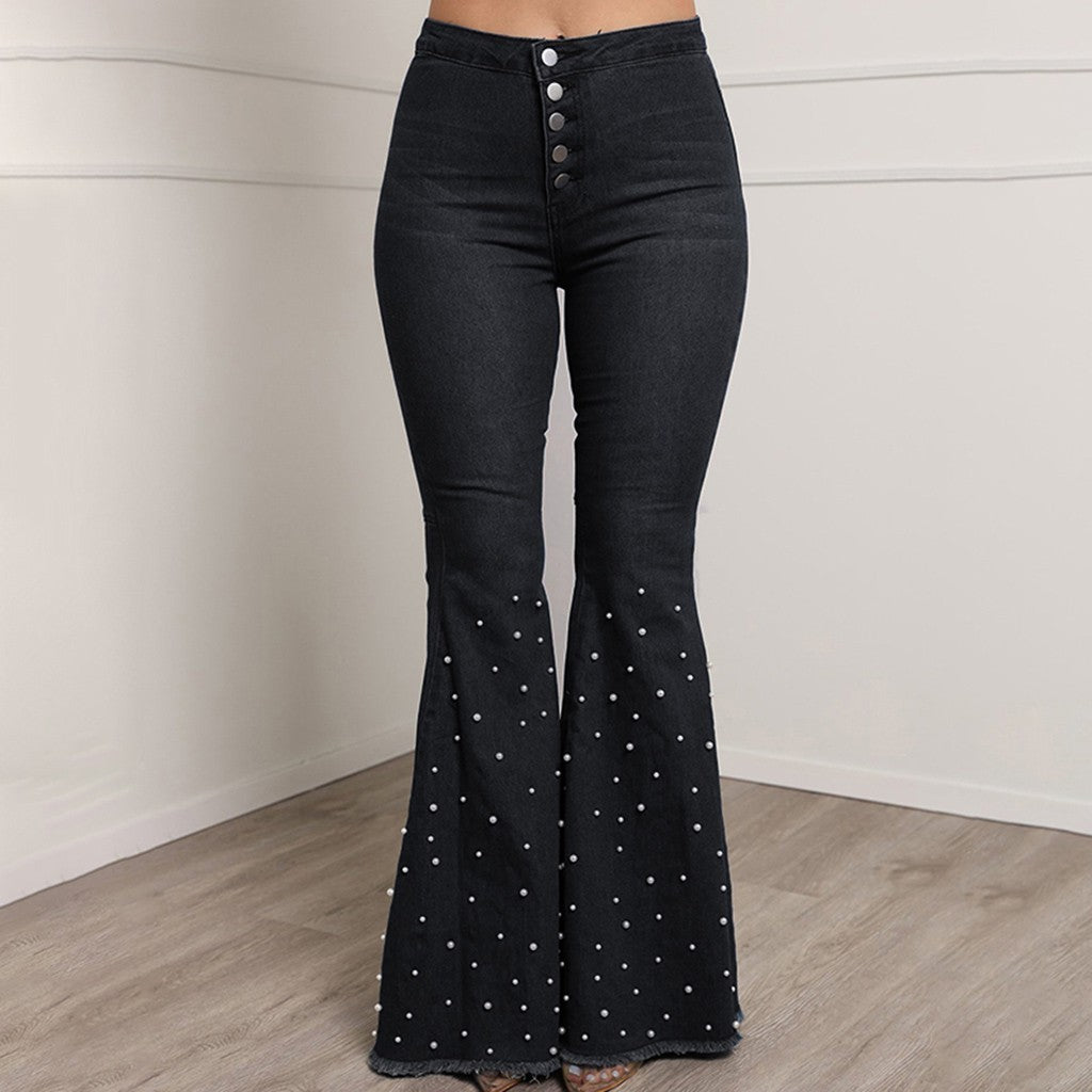 Denim High Waist Jeans Button Tassel Pants Trousers Bell-Bottom Pants Loose Straight Jeans