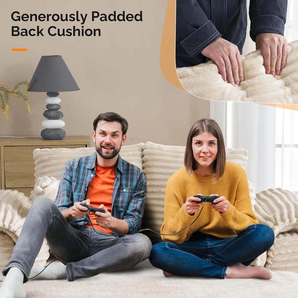 Oversized 56" Chaise Lounge Chair, Beige Comfy Corduroy Chaise Sofa Recliner Bed Upholstered Sleeper Couch Bed with Throw Pillows