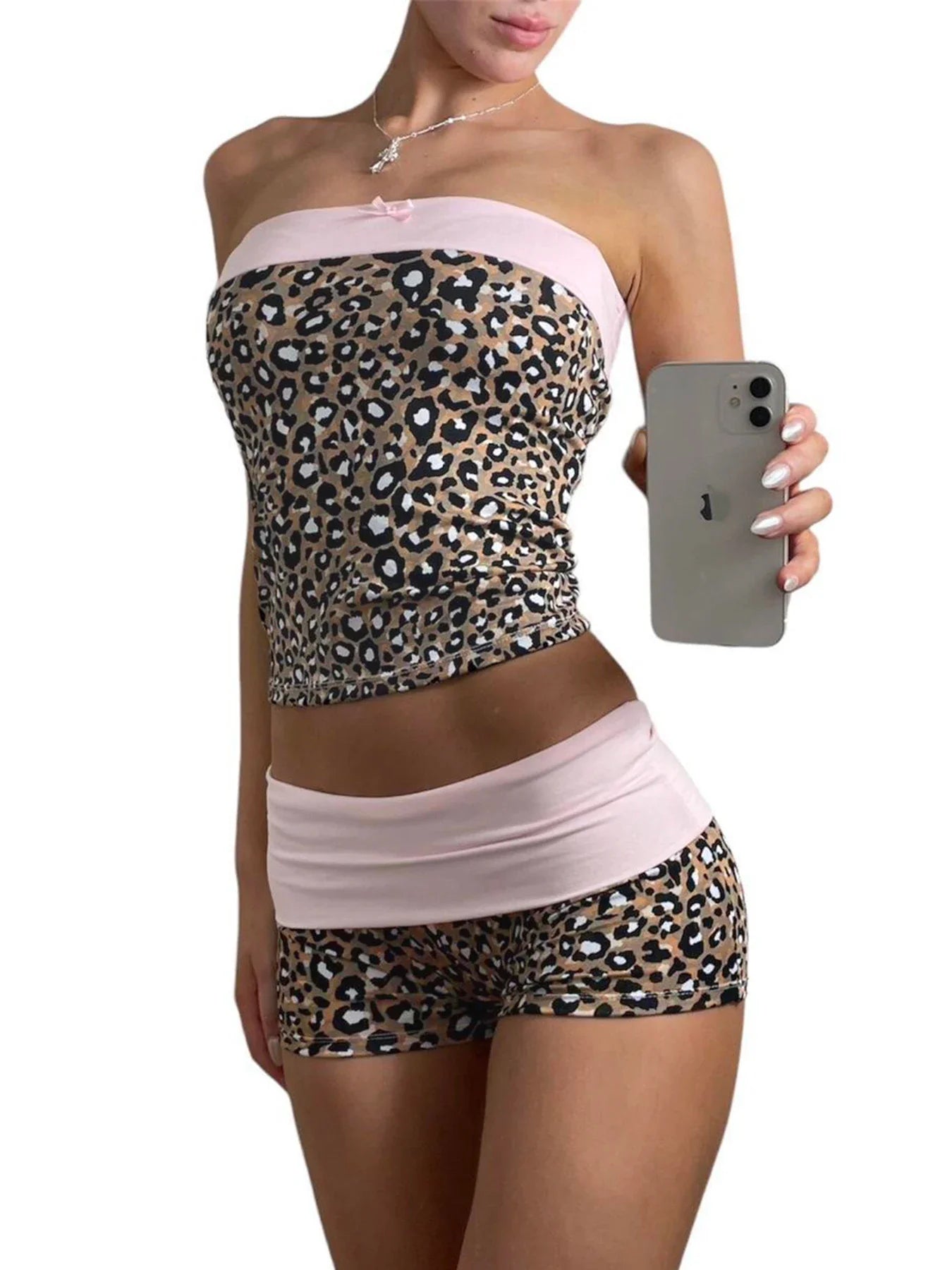 Leopard Print Patchwork Slim Two Pieces of Sets for Women Tube Tops and Low Waisted Shorts Suits Vintage Y2K Cloth