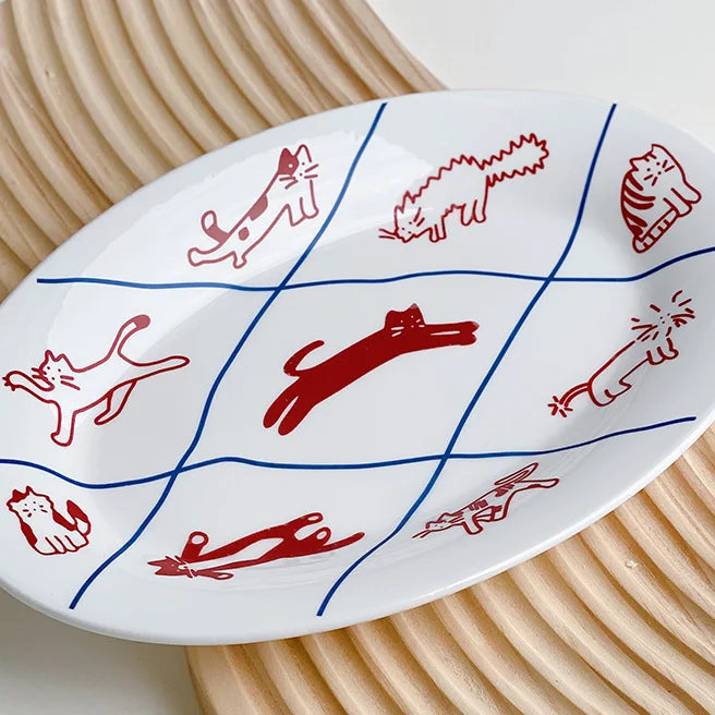 Cute Cat and Dog Ceramic Dessert Plate Cake Western Flat Plate Pasta Fruit Disc Dinner Set Plates and Dishes
