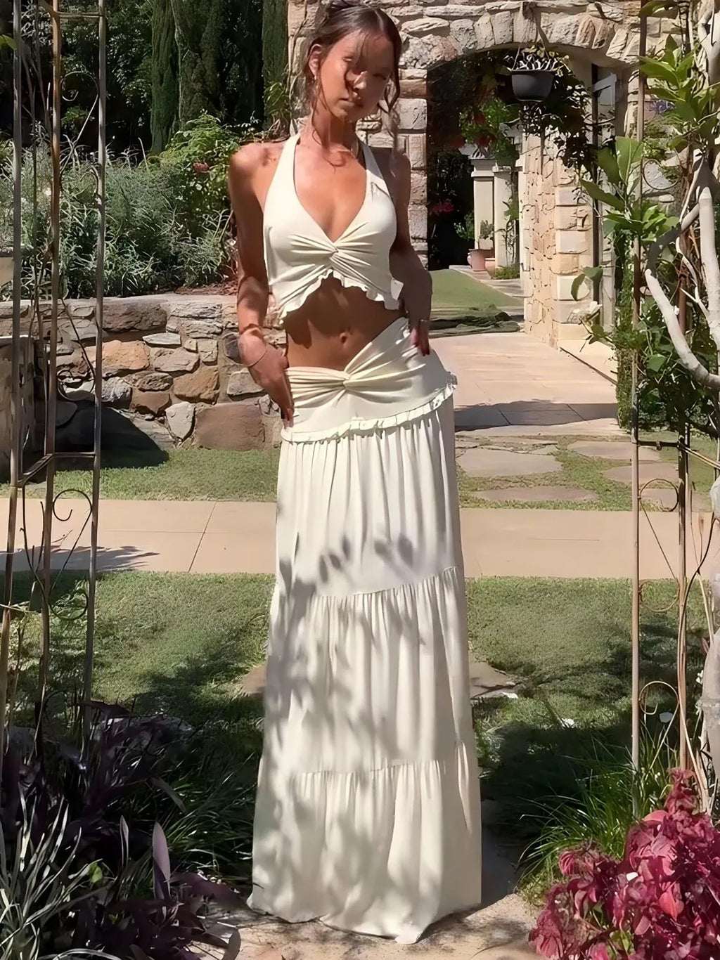 Sexy Elegant Ruched 2 Piece Skirt Set Lace Up Ruffles Patchwork Crop Top Tiered Maxi Skirt Matching Set