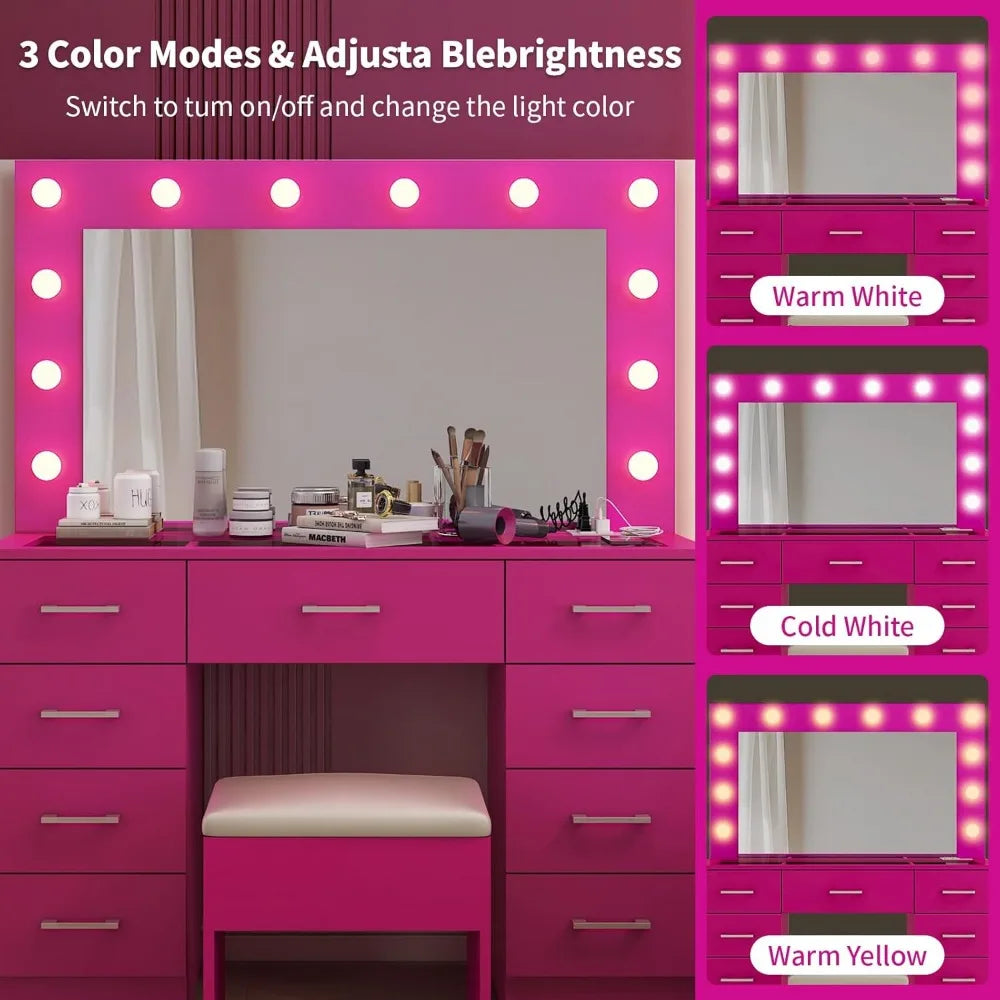 Makeup Table Vanity Desk with Mirror and Lights, Pink Makeup Vanity with  Stool, Drawers Mirror,Vanity Table with Stool