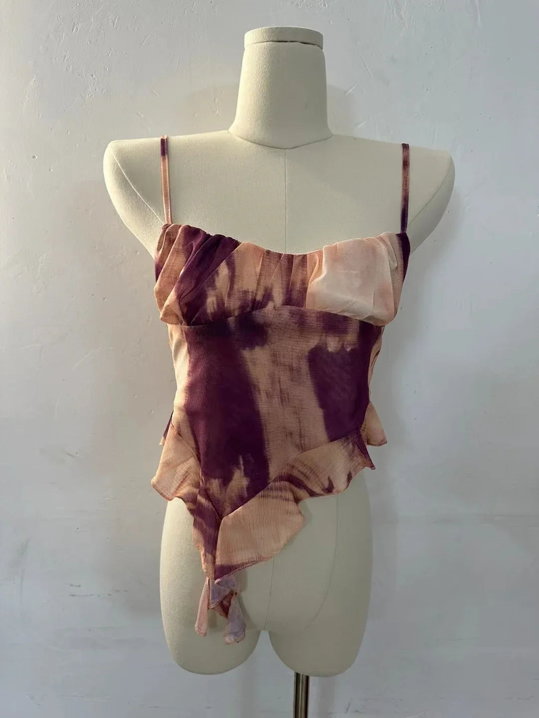 Girls Sweet Ruffles Mesh Camisole Top Lady Camis Sleeveless Printed Floral T shirts Stretch Slim Tanks For Slim Women